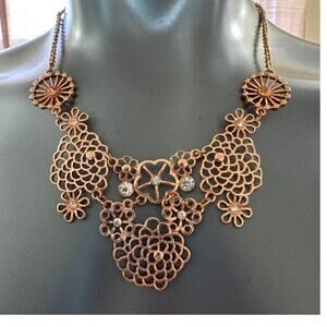 Rose Gold Tone Filigree Necklace With Clear & Peach Rhinestone C1945 17-20”